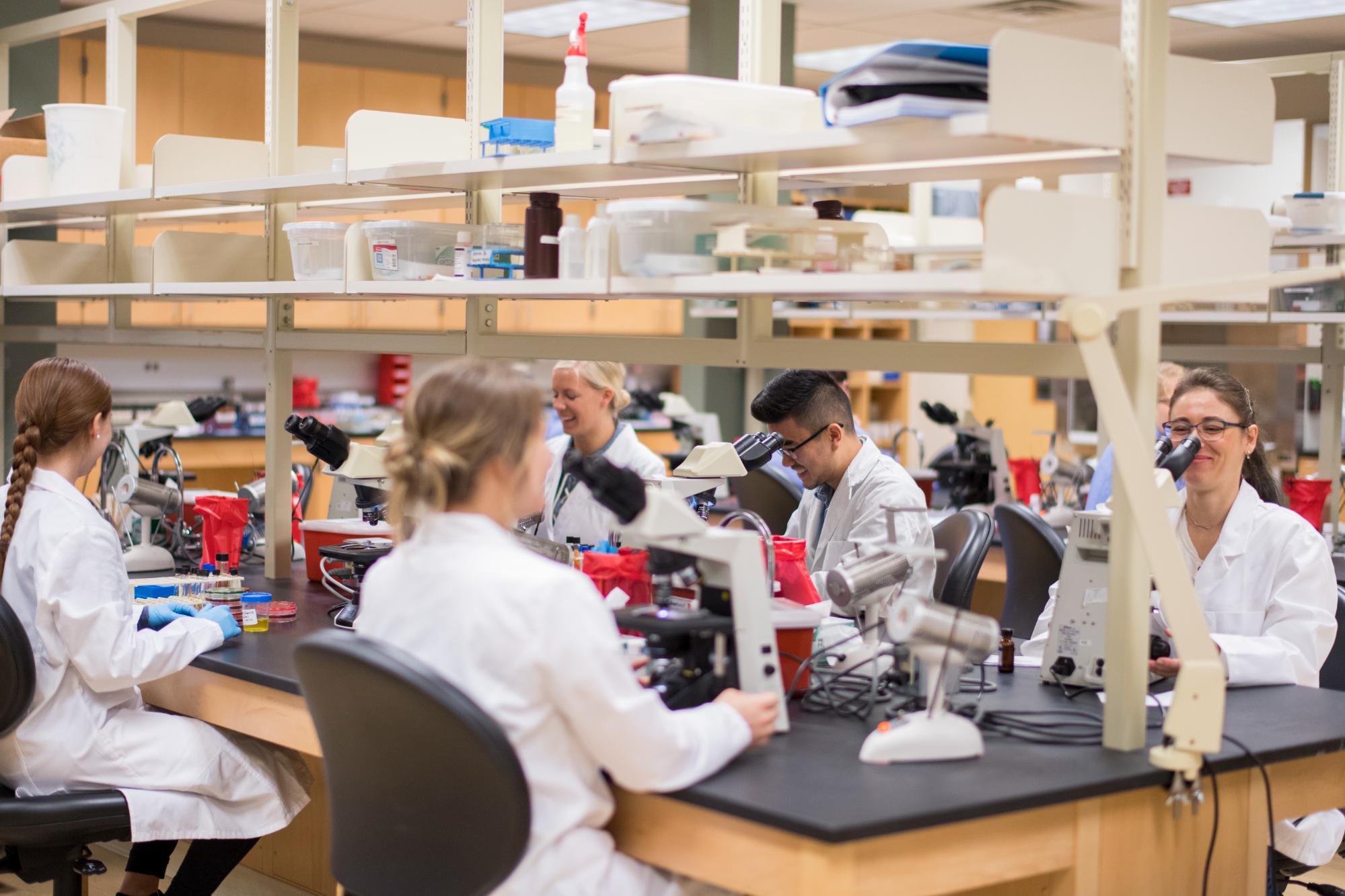 Students in lab looking through microscope.